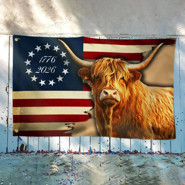 Highland Cow American Flag 1776-2026 House Flag | 250 Years Strong Patriotic Design | Weather-Resistant Polyester | Farmhouse Decor Gift