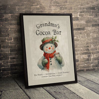 Vintage Snowman Canvas Print, Grandma's Cocoa Bar Canvas Art, Festive Winter Kitchen Canvas Wall Art, Comfy Christmas Decor Holiday Present