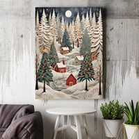 Papercraft Winter Forest Landscape, Snowy Christmas Village Canvas Wall Art, Holiday Season Home Decor, Digital Download Print