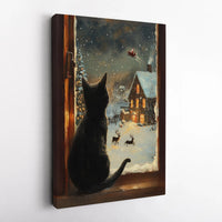Santa Sleigh Window Canvas Print, Black Cat Christmas Canvas Wall Art, Comfy Holiday Cat Canvas, Winter Xmas Canvas, Cat Lover Present Decor