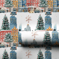 Winter Street Gift Wrap, Snowy City Christmas Wrapping Paper, Watercolor Holiday Wrapping Paper, Festive Town Gift Wrap, Present Paper