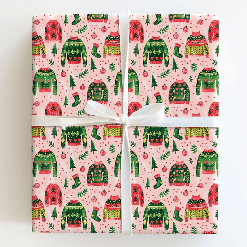 Festive Pattern Holiday Gift Wrap, Ugly Christmas Sweater Wrapping Paper, Retro Xmas Stocking Wrapping Paper, Holiday Decor