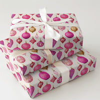 Watercolor Ornament Gift Wrap, Pink and Gold Christmas Wrapping Paper, Holiday Baubles Wrapping Paper, Xmas Gift Wrap, Festive Present Paper
