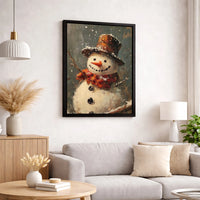 Rustic Winter Landscape Print, Snowman Oil Painting Canvas Wall Art, Christmas Holiday Wall Decor, Printable Digital Download