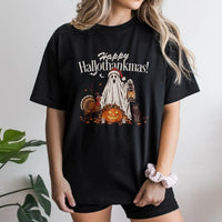 Ghost Santa Hat Thanksgiving Tee, Happy Hallothankmas Shirt, Hallothankmas Halloween Christmas Mashup T-Shirt, Turkey Pumpkin Cat Shirt