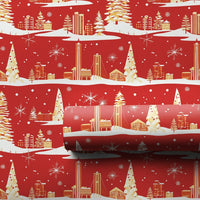 Red Gold Christmas Gift Wrap, Retro Winter Cityscape Wrapping Paper, Holiday City Scene Wrapping Paper, Festive Present Gift Wrap Roll