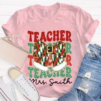 Custom Name Holiday Educator Graphic Tee, Personalized Teacher Christmas Bow Shirt, Adorable Winter Classroom T-Shirt, Teacher Xmas Present Idea