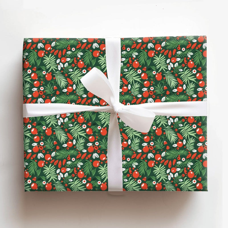 Holiday Berries Wrapping Paper, Botanical Christmas Wrapping Paper, Festive Ornament Wrapping Paper, Winter Pine Green Gift Wrap Roll