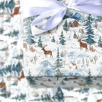 Snowy Cabin Holiday Gift Wrap, Watercolor Deer Winter Wrapping Paper, Rustic Forest Wrapping Paper, Mountain Christmas Tree Wrapping Paper