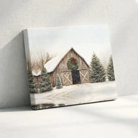 Snowy Landscape Canvas Print, Winter Barn Canvas Wall Art, Christmas Wreath Wall Decor, Rustic Holiday Farmhouse Canvas, Winter Art Present