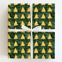 Watercolor Holiday Gift Wrap, Gold Christmas Tree Wrapping Paper, Dark Green Winter Wrapping Paper, Elegant Forest Xmas Gift Wrap Roll
