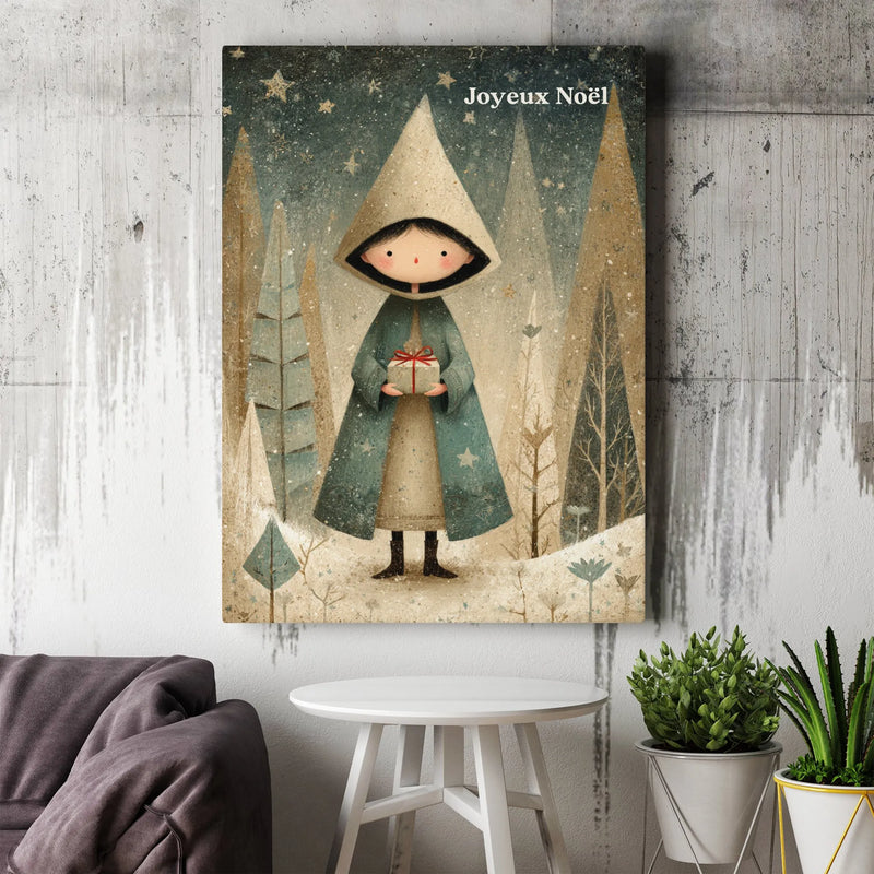 Whimsical Winter Wonderland Canvas Print, Joyeux Noel Snowy Forest Child Canvas, French Holiday Canvas Wall Art, Christmas Home Decor Present