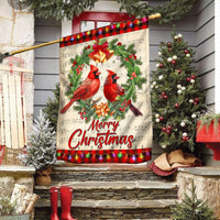 Festive Wreath Red Birds Yard Flag, Merry Christmas Cardinal Garden Flag, Double Sided Winter Holiday Lawn Flag, Bird Lover Present