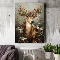 Festive Woodland Stag Portrait Print, Christmas Deer Canvas Wall Art, Holly Berries Pinecones Canvas, Holiday Art Digital Download