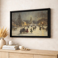 Winter Town Square Canvas Print, Vintage Christmas Ice Skating Canvas, Snowy Holiday Landscape Canvas Wall Art, Festive Seasonal Home Decor