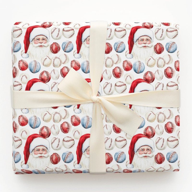 Sports Holiday Gift Wrap, Baseball Santa Christmas Wrapping Paper, Red White Blue Baseball Wrapping Paper, Coach Player Gift Wrap Roll