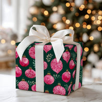 Watercolor Greenery Gift Wrap, Pink Ornament Christmas Wrapping Paper, Dark Green Holiday Wrapping Paper, Elegant Winter Bauble Gift Wrap