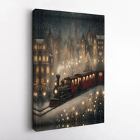 Snowy Winter Village Poster, Christmas Steam Train Wall Art, Holiday Season Locomotive Print, Festive Christmas Digital Download