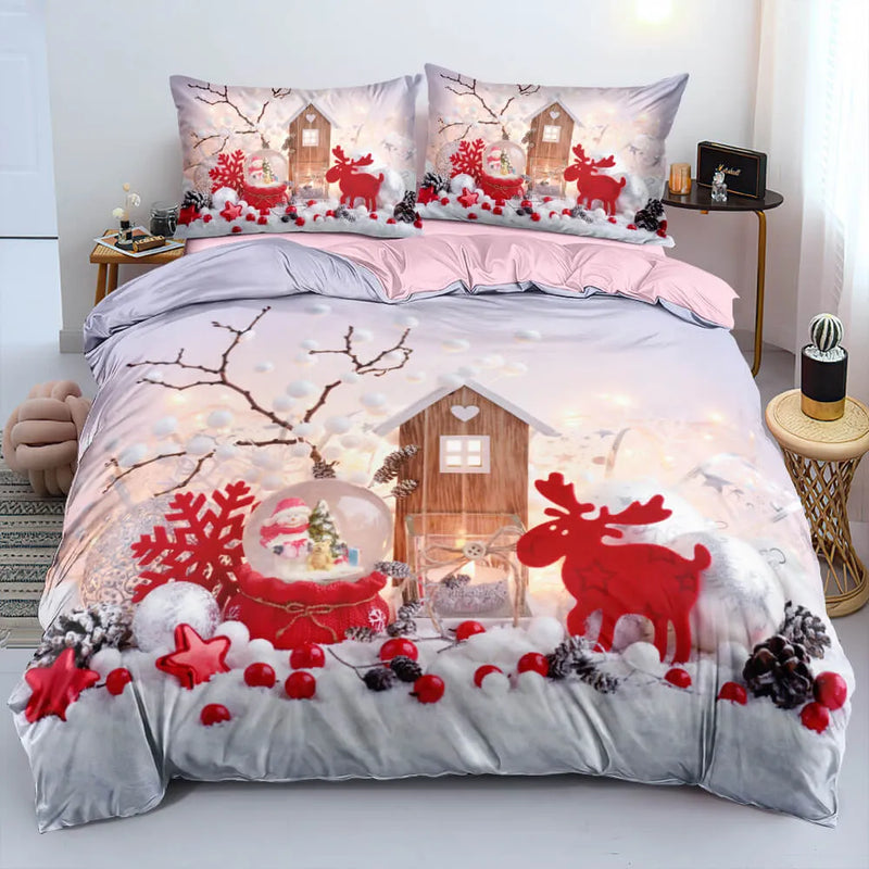 Christmas Bedding Set with Pillowcases, Reindeer Snow Globe Duvet Cover Set, 3D Holiday Quilt Cover, Xmas Comforter Cover, Present