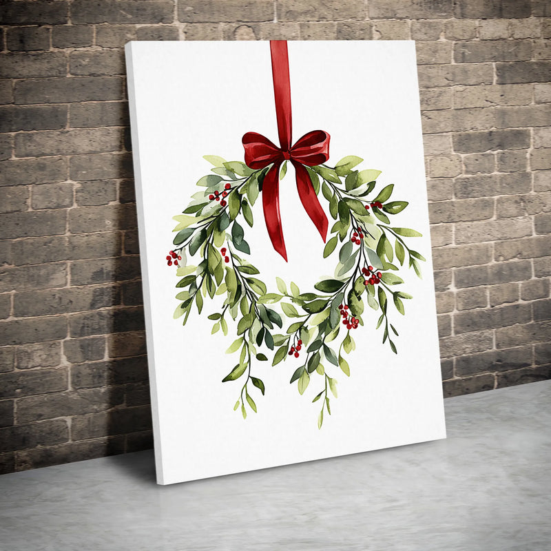 Holly Berry Red Bow Canvas Print, Watercolor Christmas Wreath Canvas Art, Festive Holiday Wall Art, Winter Botanical Canvas, Holiday Present