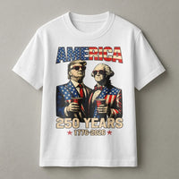 America 250 Years T-Shirt | Trump and Washington in Sunglasses Patriotic Art | Premium Soft Cotton Tee | Gift for Political History Fans