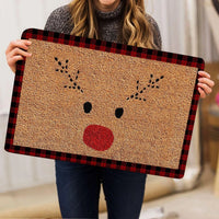 Red Buffalo Plaid Welcome Mat, Rudolph Christmas Doormat, Reindeer Holiday Entryway Mat, Adorable Xmas Front Door Mat, Winter Decor Present
