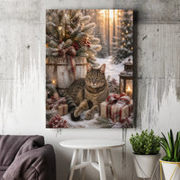 Snowy Winter Cat Wall Art, Christmas Tabby Cat Canvas, Holiday Kitten Lantern Canvas Print, Festive Cat Lover Wall Decor, Comfy Seasonal Present