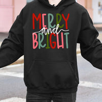 Retro Holiday Graphic Hooded Sweatshirt, Merry and Bright Hoodie, Adorable Colorful Christmas Pullover, Comfy Winter Holiday Present for Her Him