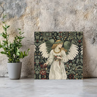 Holly Berry Damask Holiday Print, Victorian Christmas Angel Canvas Wall Art, Arts and Crafts Winter Poster, Digital Download Art