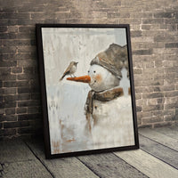 Rustic Oil Painting Landscape Print, Winter Snowman and Bird Canvas Wall Art, Farmhouse Christmas Poster, Digital Download Holiday Decor