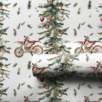 Dirt Bike Holiday Gift Wrap Roll, Motocross Christmas Wrapping Paper, Xmas Tree Motorcycle Present Wrap, Biker Winter Wrapping Paper