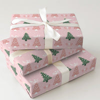 Whimsical Bow Holiday Gift Wrap, Pink Christmas Tree Wrapping Paper, Adorable Green Tree Present Paper, Modern Pastel Christmas Wrapping Paper