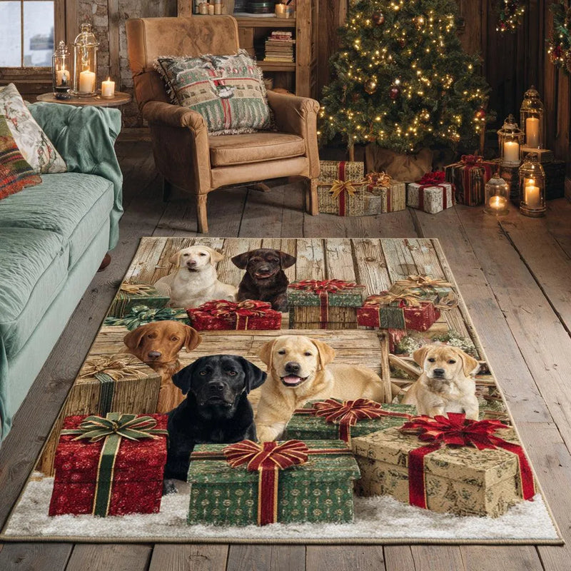 Festive Dog Holiday Rug, Christmas Labrador Retriever Area Rug, Adorable Puppy Gift Box Accent Rug, Washable Non Slip Floor Mat, Dog Lover Present