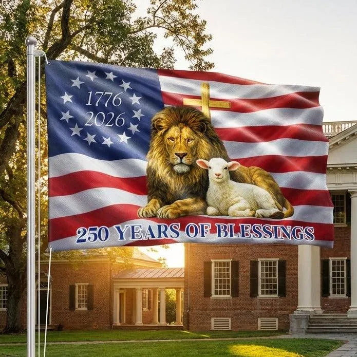 250 Years of Blessings House Flag | Lion & Lamb of Judah American Flag | UV-Resistant Polyester | Patriotic Religious Home Decor Gift
