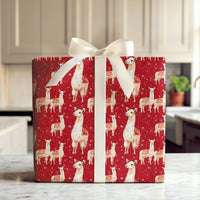 Watercolor Holiday Gift Wrap, Red Christmas Llama Wrapping Paper, Snowy Winter Present Paper, Adorable Animal Wrapping Paper