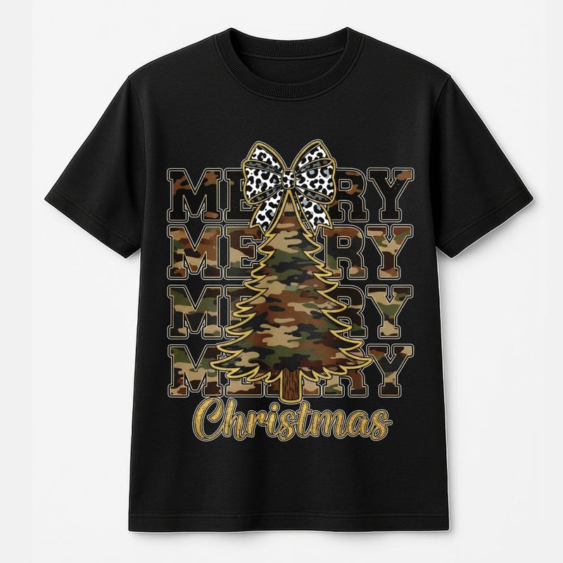 Leopard Coquette Bow Graphic Tee, Merry Christmas Camo Tree T-Shirt, Country Holiday Shirt, Southern Xmas Camo Tree T-Shirt