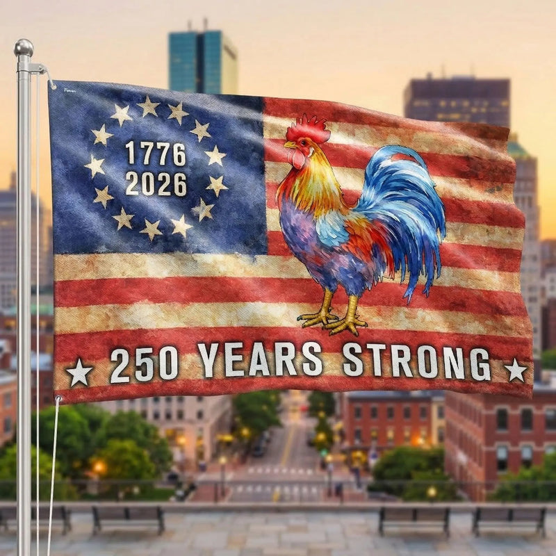 Patriotic Chicken American Flag | 250 Years Strong 1776-2026 | Weather-Resistant Polyester | Outdoor Garden Home Decor Gift