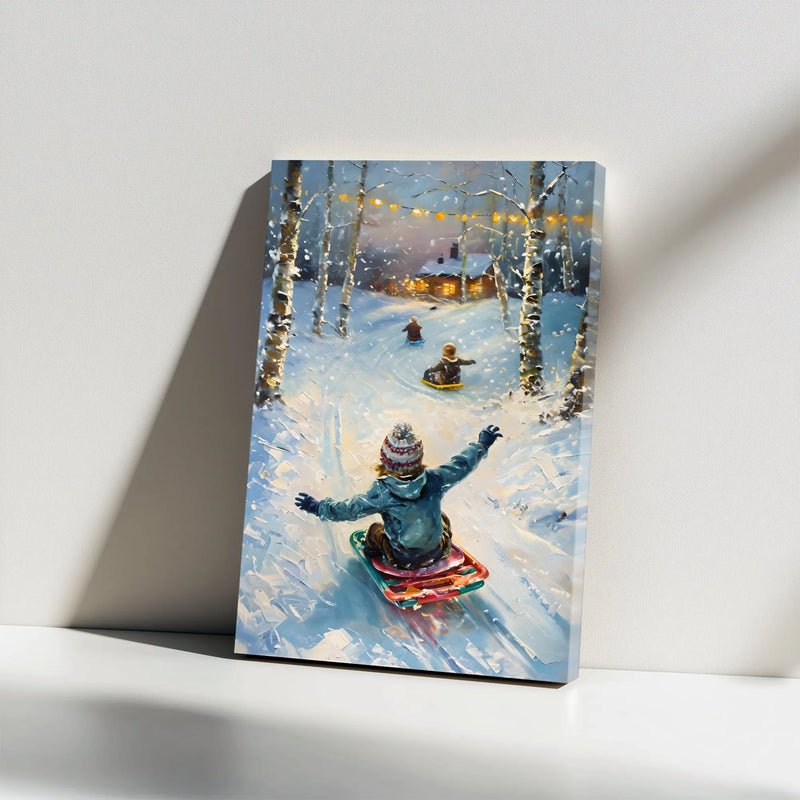 Snowy Birch Forest Canvas Print, Kids Sledding Winter Canvas Wall Art, Nostalgic Holiday Oil Painting Wall Decor, Christmas Cabin Art