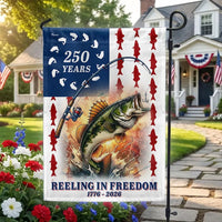 Bass Fishing Garden Flag | 250 Years Reeling in Freedom Patriotic Design | Double-Sided Polyester | Americana Outdoor Decor for Anglers