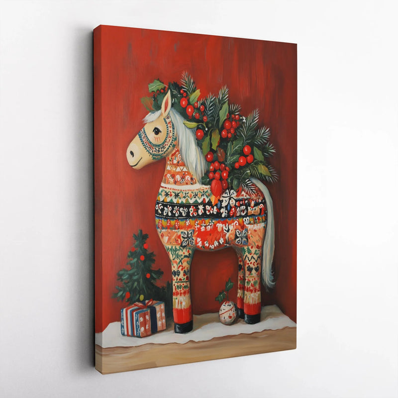 Scandinavian Folk Art Canvas Wall Art, Dala Horse Canvas Print, Festive Christmas Canvas Art, Nordic Holiday Wall Decor, Winter Home Present