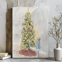 Child in Pajamas Holiday Wall Art, Christmas Tree Watercolor Canvas Print, Christmas Nursery Canvas Decor, Holiday Canvas, Digital Download