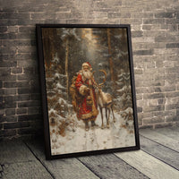 Snowy Forest Reindeer Canvas Print, Vintage Santa Claus Canvas Art, Retro Christmas Holiday Wall Art, Rustic Winter Scene Canvas Decor