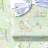 Adorable Puppy Christmas Gift Wrap, Watercolor Dog Sleigh Wrapping Paper, Mint Holiday Dog Wrapping Paper, Winter Pet Lover Present Packaging Roll