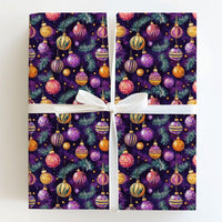 Gold Ornament Gift Wrap Roll, Purple Christmas Wrapping Paper, Elegant Holiday Present Wrap, Festive Xmas Tree Decor Wrapping Paper