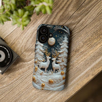 3D Relief Snowy Forest Moonlit Phone Cover, Winter Reindeer iPhone Case, Dual Layer Tough Phone Case, Christmas Holiday Present for Her