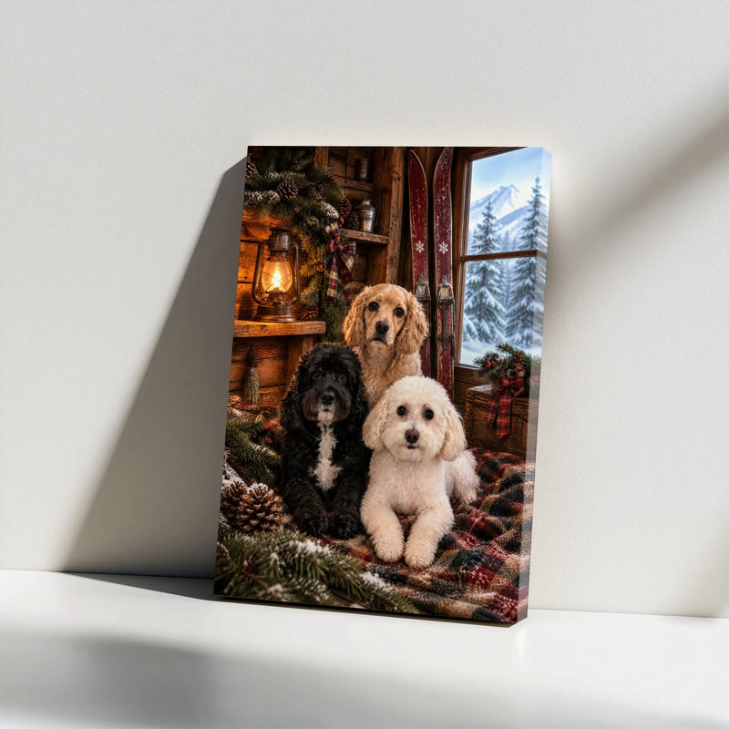 Comfy Christmas Puppy Wall Art, Winter Cabin Dogs Canvas, Rustic Ski Lodge Dog Print, Holiday Dog Lover Canvas Art, Snowy Cabin Decor