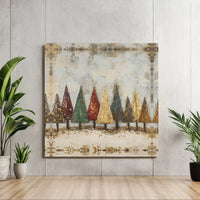 Abstract Winter Forest Canvas Print, Rustic Christmas Trees Square Wall Art, Gold Leaf Holiday Poster, Farmhouse Decor Digital Download