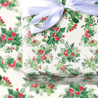 Traditional Christmas Gift Wrap, Watercolor Holly Berries Wrapping Paper, Botanical Holiday Wrapping Paper, Classic Winter Gift Wrap Roll