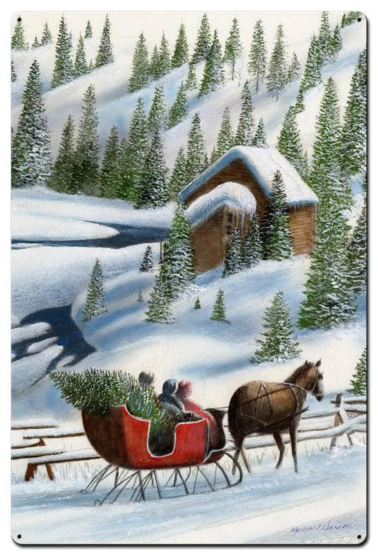 Winter Snow Scene Metal Sign, Sleigh by Pine Trees Metal Sign, Vintage Holiday Cabin Metal Sign, Christmas Seasonal Metal Wall Art Decor