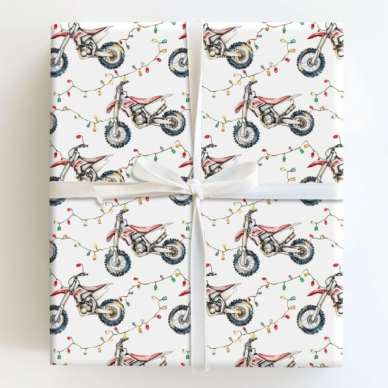 Dirt Bike Holiday Gift Wrap Roll, Motocross Christmas Wrapping Paper, Christmas Lights Dirt Biker Present Paper, Racing Theme Gift Wrap